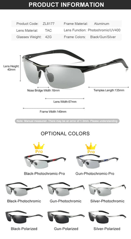 Aluminum Photochromic Sunglasses Men Polarized Day Night Driving Chameleon Glasses Anti-Glare Change Color Sun Glasses UV
