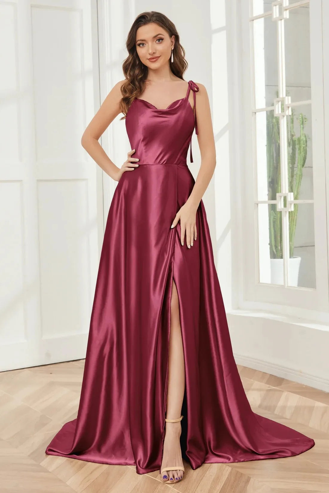 Elegant Bridesmaid Dress Cowl Neck Adjusted Spaghetti Silky-satin Fabric A-line Silhouette Wedding Women Long Gown