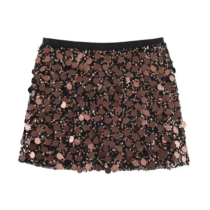 Women Spring Autumn Chic Mini Skirts Fashion With Sequined Solid Side Zipper Short Skirt Female Vintage High Waist Skirt