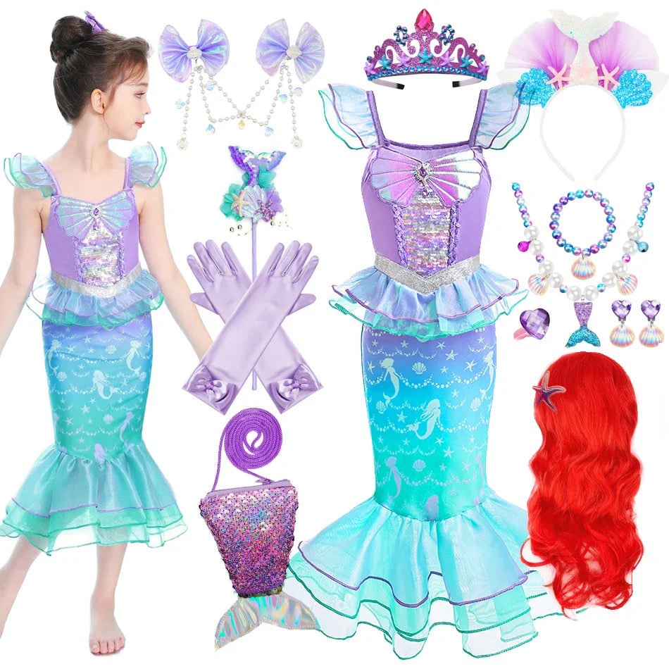 Ariel Cosplay Princess Costume Kids Cartoon Printed Dress Girls Halloween Children Carnival Birthday Party Clothes