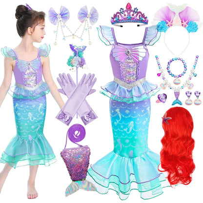 Ariel Cosplay Princess Costume Kids Cartoon Printed Dress Girls Halloween Children Carnival Birthday Party Clothes