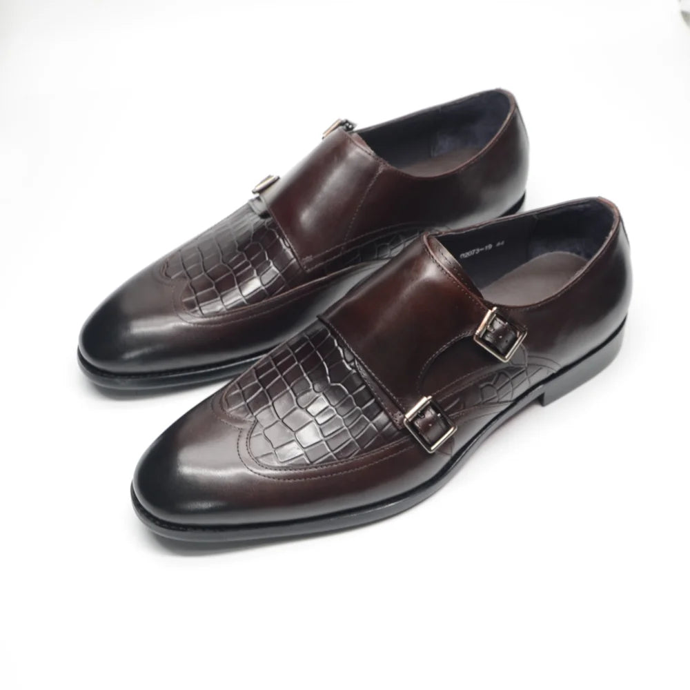 Classic Men's Genuine Leather Dress Shoes Double Buckle Monk Strap Wingtip Crocodile Print Business Office Formal Footwear Man