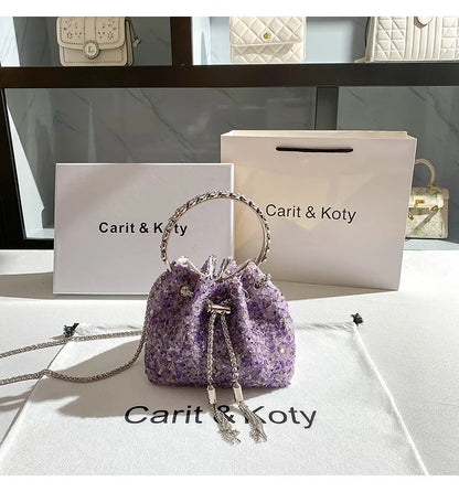 Luxury Designer Purple Stones Evening Clutch Bag Wedding Party Bucket Purse Metal Handle Women's Handbag Shoulder Messenger Bag