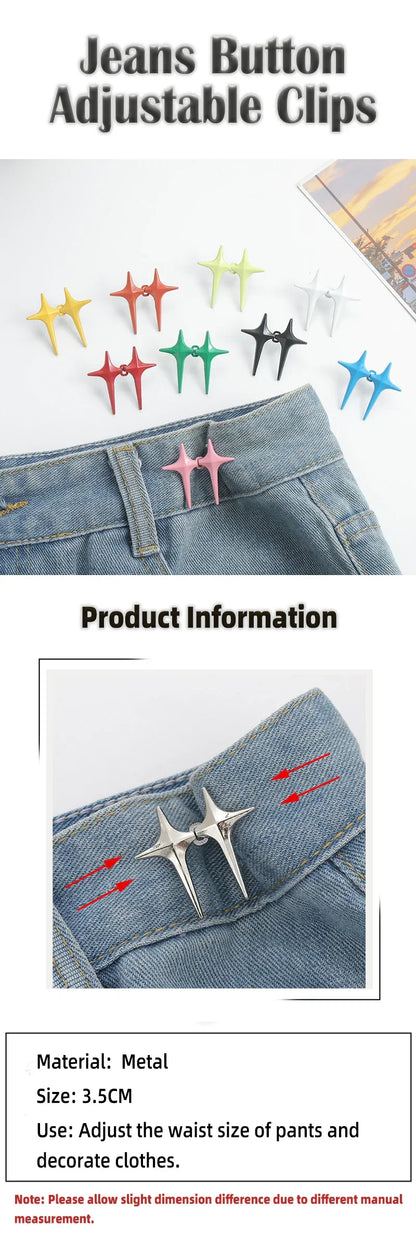 1Pair Cross Star Waist Buckle Adjustable Detachable Pants Clips Waist Tightener Nail-free Metal Button Snaps for Jeans Decor