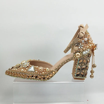 Luxury Champagne Golden Crystal wedding shoes matching bags woman fashion Thick heel Women party dress shoes Pointed Toe shoes