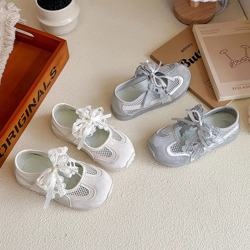 Kids'Casual Shoes Sneakers Mesh Bow Spring Summer Shoes For Girls Anti-slip Breathable Soft Bottom White Silver Shoes Size 23-36