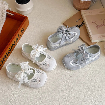 Kids'Casual Shoes Sneakers Mesh Bow Spring Summer Shoes For Girls Anti-slip Breathable Soft Bottom White Silver Shoes Size 23-36