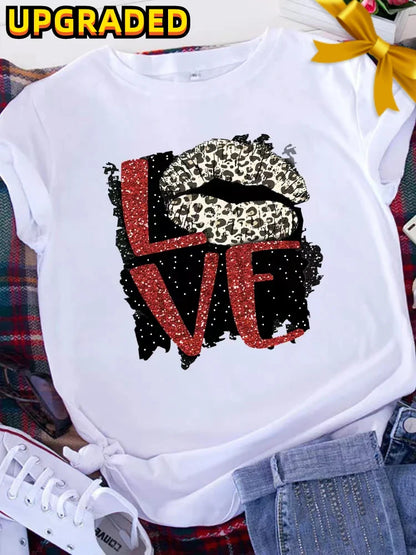 American Retro Letters Love White T-shirt Women Short Sleeve Round Neck Loose Large Size Casual Top Oversized