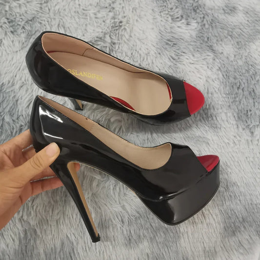 Women Pumps Sexy Peep Toe Platform 14cm Super High Heels Patent Leather Shoes Red Wedding Stilettos Large Size 44