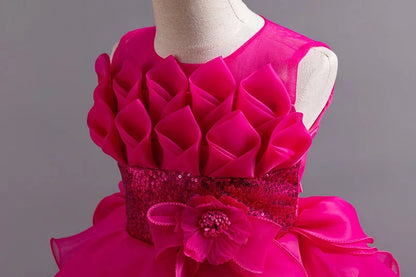 Summer Children's Wedding Flower Girl Tail Organza Elegant Evening Dress Bow Cute Birthday Party Girl Princess Dress