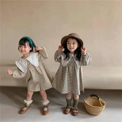 Baby Girls Dress Casual Plaid Clothes Summer New Korean Cotton Linen Girls Princess Dress Big Turn Down Collar Dress