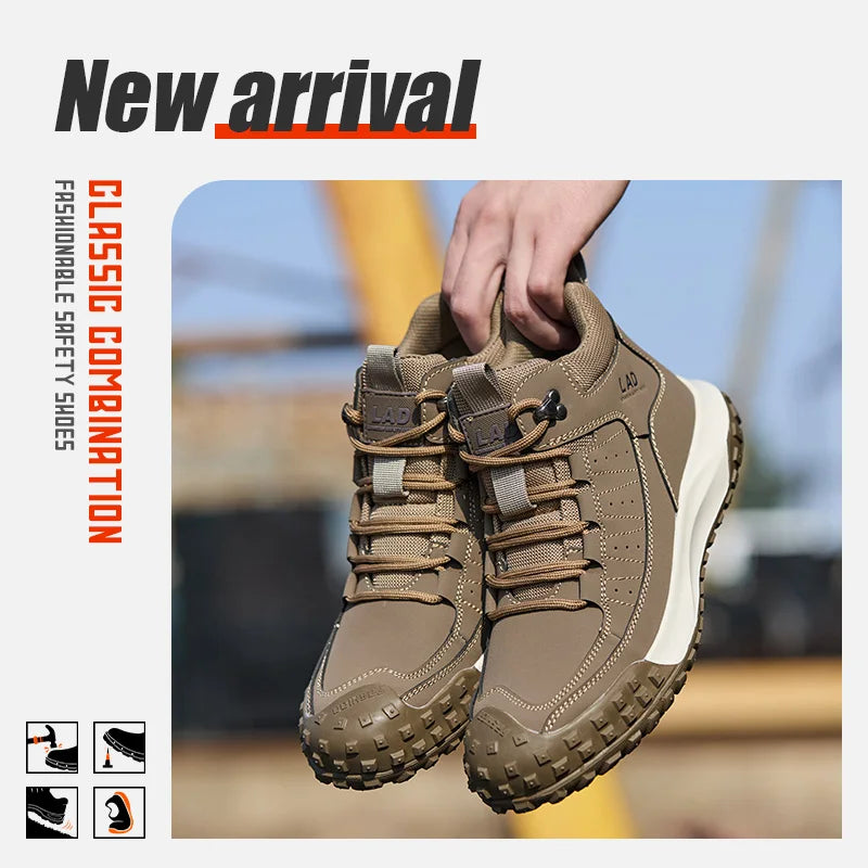 Men's four season work shoes with high top, comfortable soft sole, anti smashing steel toe safety shoes