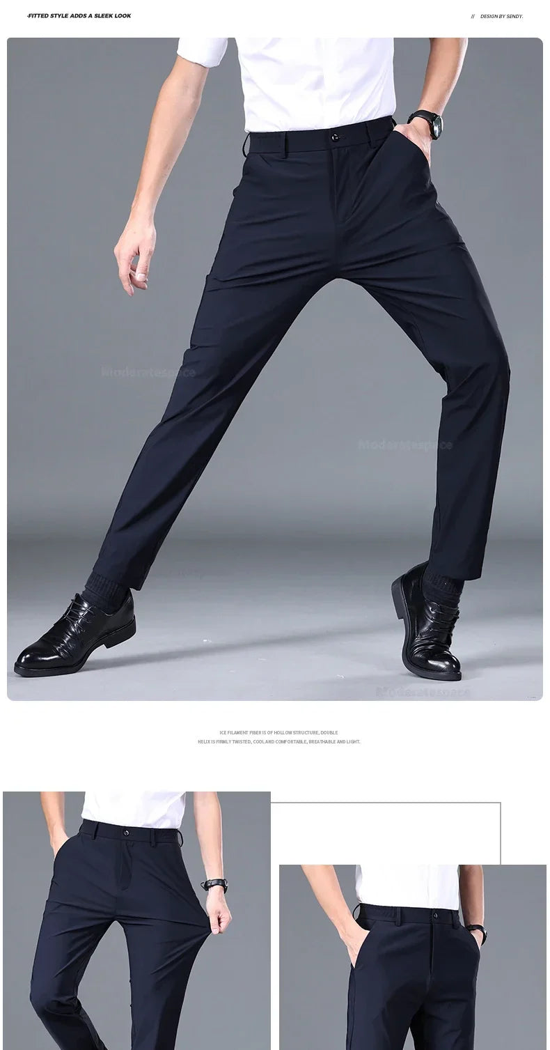 Summer Thin Stretch Trousers Men Elastic Waist Korean Classic Black Gray Blue Business Casual Formal Pants Male Brand