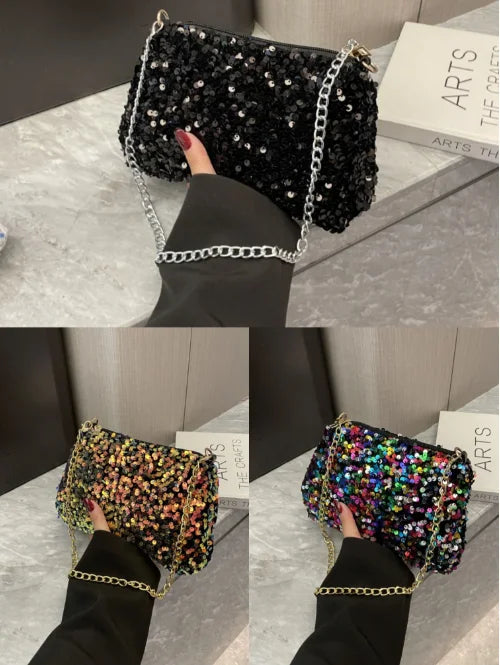 Solid Color Sequins Crossbody Bag Simple INS Chain Sequins Shoulder Bag Pocket Bag Phone Bag Small Square Bag Dinner Party