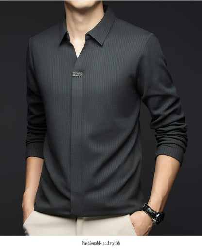 Men's Business Casual Solid Color Stretch V-neck POLO Shirt Daily Commute Striped Sweater for Fall 2024.