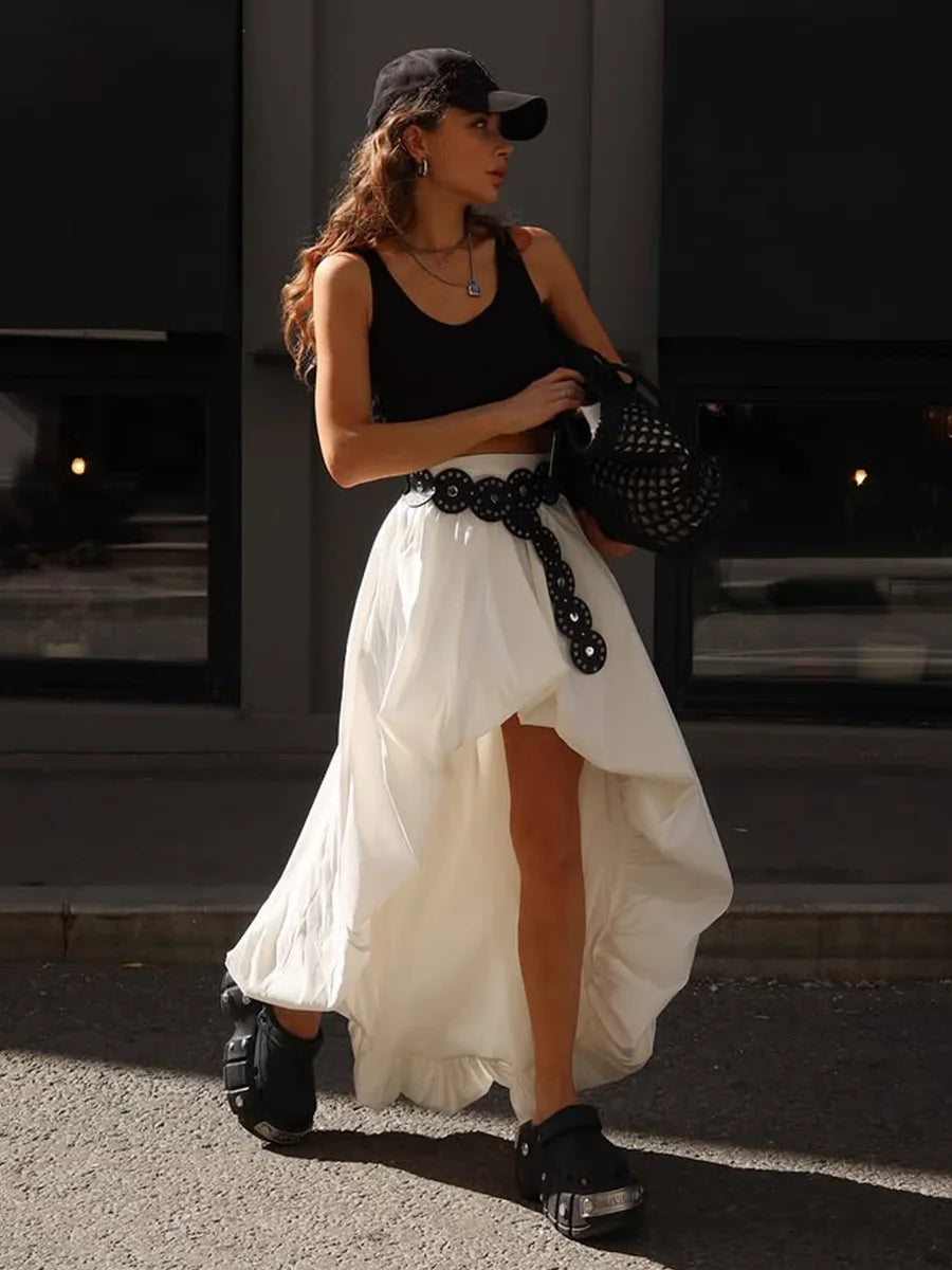Fashion White Asymmetrical Long Skirts Female A-line Hem Vacation Skirt High Waist Casual Loose 2026 Summer Club Party Skirts