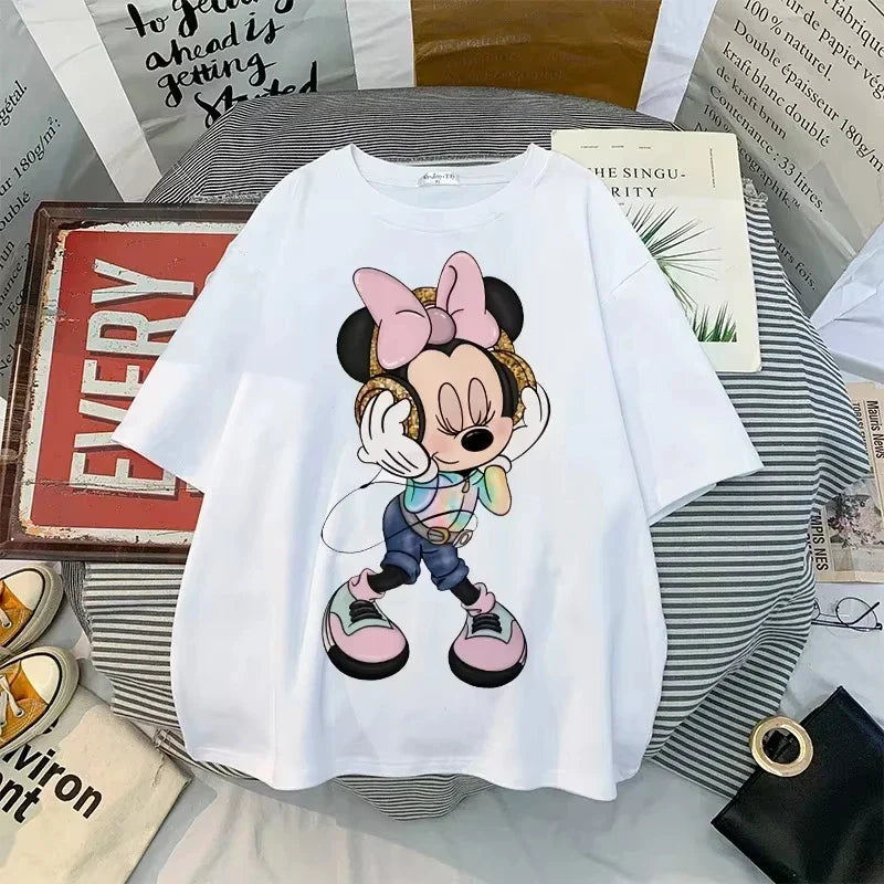 New Minnie Kawaii Fun Women's Printed T-shirt Fashion Summer Cartoon Minnie Top Y2K Women's Extra Large Cotton T-shirt