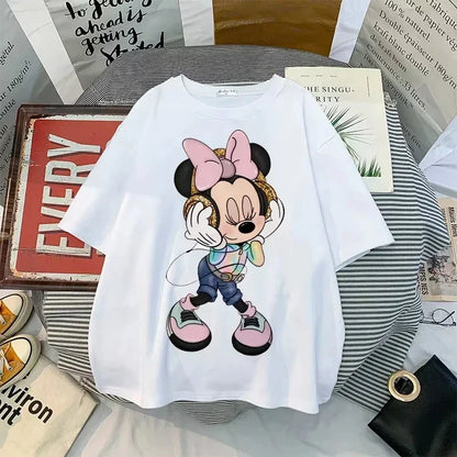 New Minnie Kawaii Fun Women's Printed T-shirt Fashion Summer Cartoon Minnie Top Y2K Women's Extra Large Cotton T-shirt