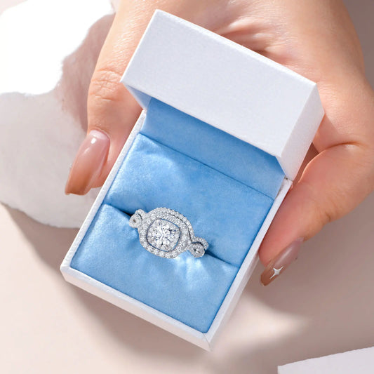 2Pcs Halo Round Cut Moissanite Wedding Ring Set for Women Solid 925 Sterling Silver Zircons Luxury Bridal Rings