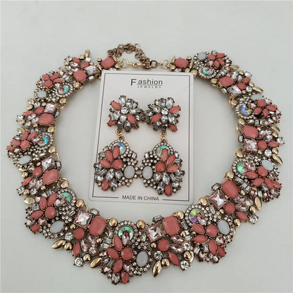 2025 New Fashion Crystal Rhinestones Large Collar Choker Necklace Earrings Women Jewelry Sets Indian Statement Wedding Necklace