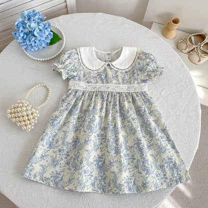 2026 Novo Vestido de Verão para Meninas Crianças 2-6 Anos Vestido de Manga Curta Bufante Estampa Floral Gola Franzida Algodão Doce