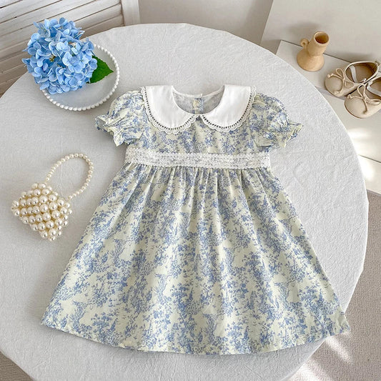 2026 New Girls Children Dress Summer 2-6Yrs Bubble Short Sleeve Dress Floral Print Ruffled Collar Cotton Sweet Dress