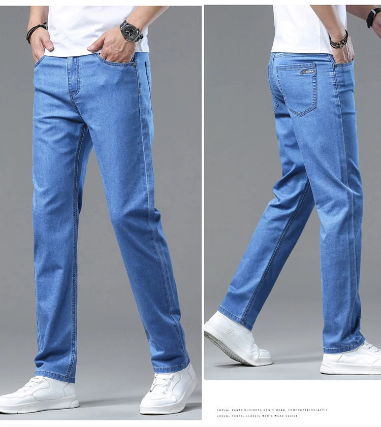 2025 Spring Summer Thin Classic Men's Business Jeans Stretch Trousers Casual Straight Denim Pants  Brand Male Clothing 28-40