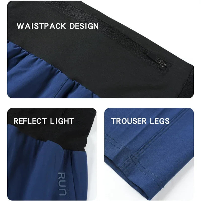 Lightweight Quick Dry Ice Silk Marathon Running Pants with Around waist Pack Breathable Workout Fitness Jogging Sport Trousers