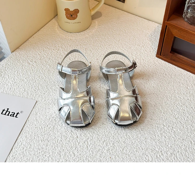 Kids Leather Cage Sandals for Girls 2025 Summer New Toddler Beach Shoes Non-slip Princess Elegant Retro Kid Garden Wedding Flats