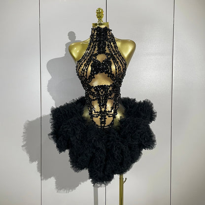 Mesh Sexy See Through Cocktail Mini Dress Women Eveing Luxury Birthday Party Singer Nightclub Show Stage Costume
