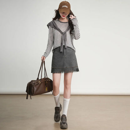 Tassels Rivet A-line Half Skirt 2025 Autumn Short Skirts Fashionable and Gentle Casual  Women's Half Skirt