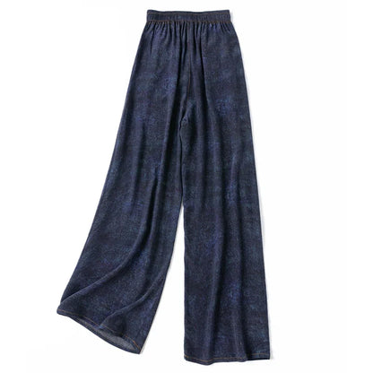 Women Pants 100% Mulberry Silk 16 momme Silk Loose Type Wide Leg Navy Jeans Printed Long Pants Trousers With Pockets L XL M1155