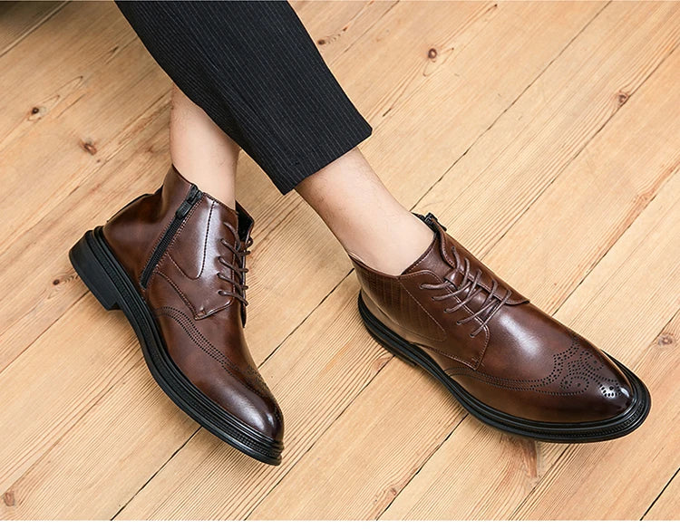 Men Pu Leather High Top Boots With Side Zipper Block Carving Design Business Casual And Handmade Ankle Boots