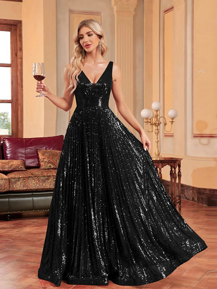 Luxury V-Neck Black Sleeveless Formal Evening Dresses Women Sequins Wedding Party Prom Maxi Cocktail Dresses Vestidos