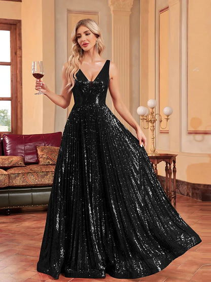 Luxury V-Neck Black Sleeveless Formal Evening Dresses Women Sequins Wedding Party Prom Maxi Cocktail Dresses Vestidos