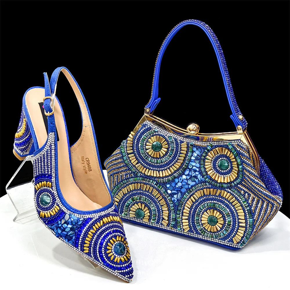2025 Moda Mais Recente Chegada Laranja Ponta Fina Sandálias Femininas Sapatos com Bolsa Conjunto para Senhoras Festa de Casamento Salto