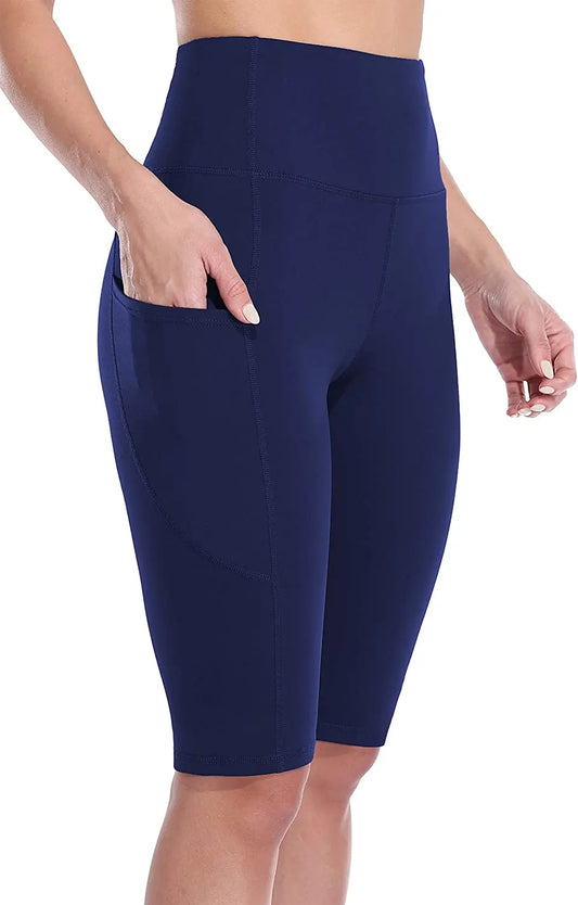 Women Yoga Shorts Jogging Running Cycling Fitness Sportswear High-waist with Side Pockets Sporty Shorts Solid Color