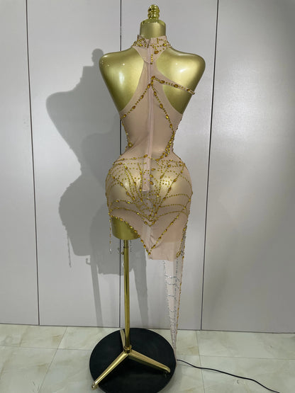 Sparkly Diamond Sexy Mesh Asymmetric Bodycon Mini Dress Women Nightclub Bar Party Show Gogo Dancer Clothing Stage Costume
