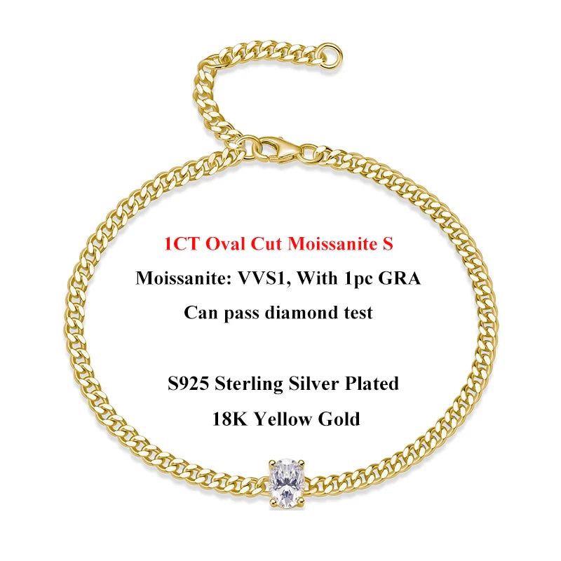 1CT Oval Cut D Color Moissanite Diamond Bracelet for Women 925 Silver Plated 18k Adjustable 16-21cm Cuban Link Bracelets