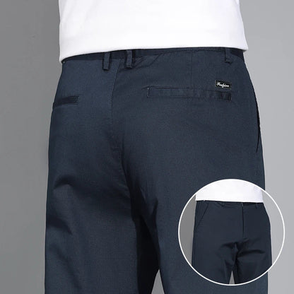 New Men's Business Cotton Thin Straight Pants Casual Elastic Slim Comfortable Male Brand Trousers Black Gray Khaki Royal Blue