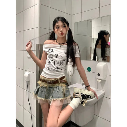 Summer Women Japanese Y2k Kpop 2000s Aesthetic Mini Denim Patchwork Skirt Chic Shoujo Design Party Gyaru Coquette Korean Fashion