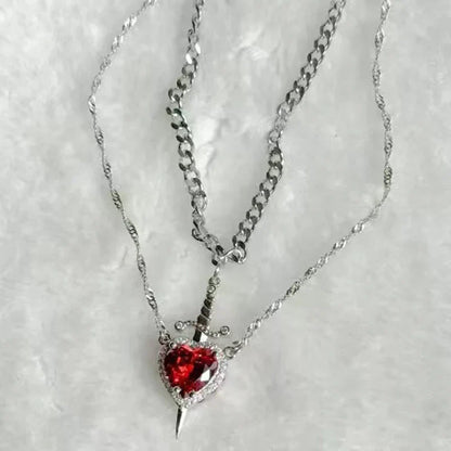 2pcs Can Be Assembled Heart and Sword Zircon Pendant Necklace for Women Men Couple Silver Gold Plated Choker Chain Jewelry