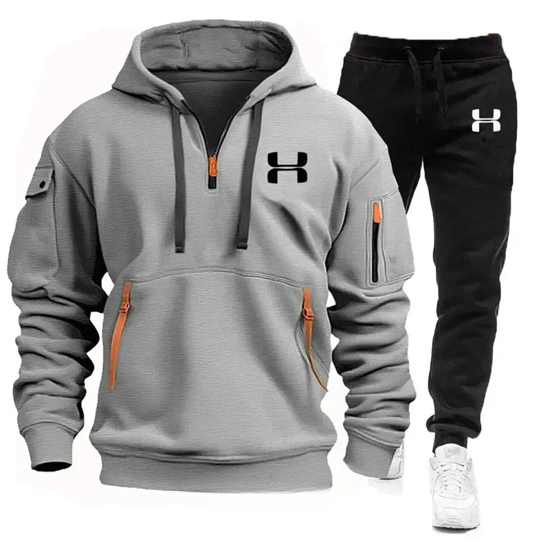 Men's autumn and winter new zipper long sleeved hooded sweatshirt, sports and casual pants, two-piece fitness jogging suit