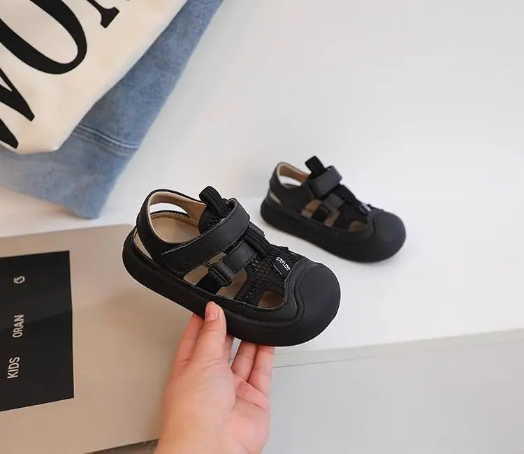 Children Sports Sandals Versatile Kids Causal Cut-outs Sandals Summer Fashion Boys Girls Patchwork Mesh Beach Shoes Black Beige