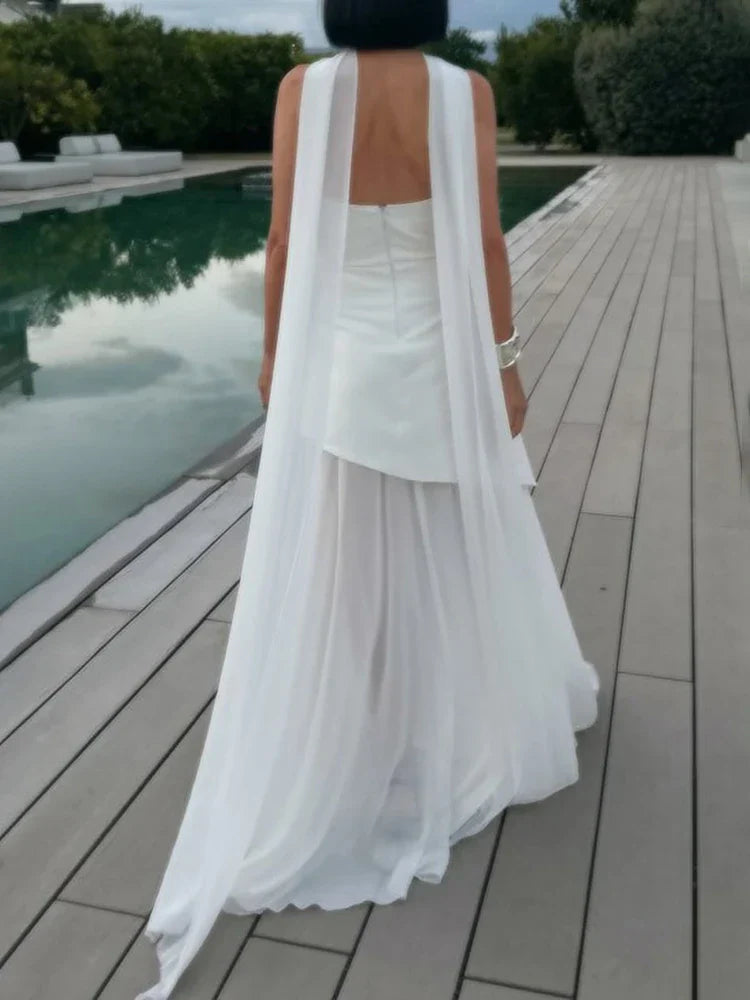 Fashion Strapless Dress With Ribbon Female Elegant Sleeveless Mesh Beach Vacation Long Dress 2025 Spring New Women Dress