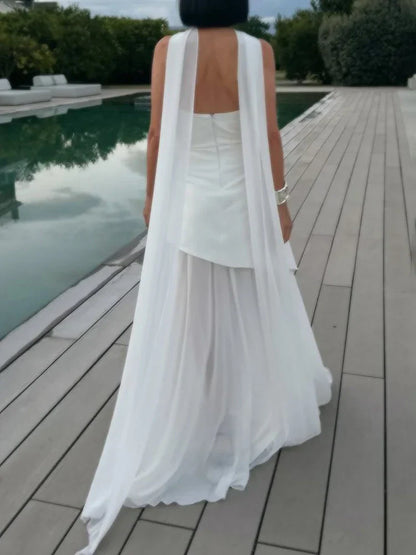Fashion Strapless Dress With Ribbon Female Elegant Sleeveless Mesh Beach Vacation Long Dress 2025 Spring New Women Dress