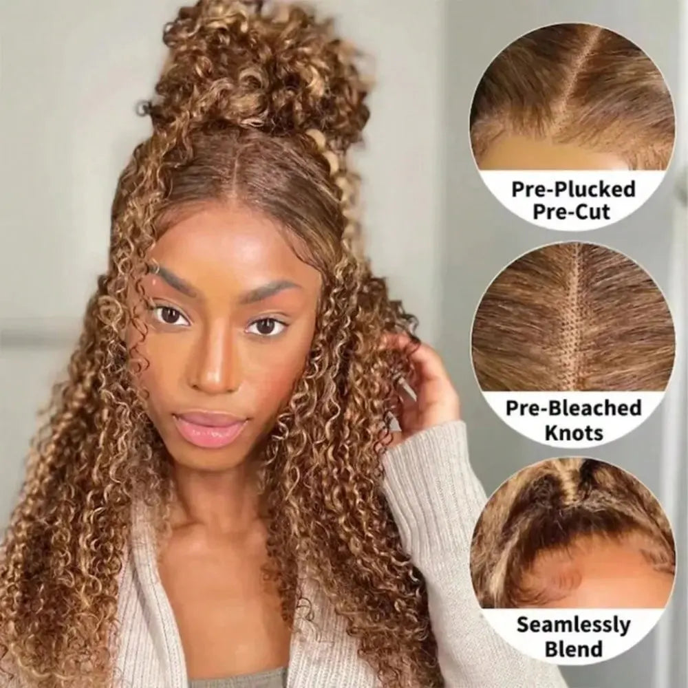 30 34 Inch Highlight 4/27 Ombre Honey Blonde Deep Wave 13x4 HD Lace Frontal Wig 250% Density Glueless Curly Human Hair Wig