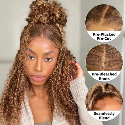 30 34 Inch Highlight 4/27 Ombre Honey Blonde Deep Wave 13x4 HD Lace Frontal Wig 250% Density Glueless Curly Human Hair Wig