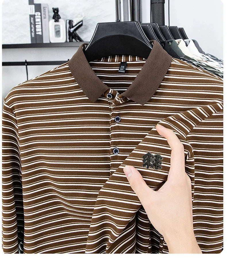 Men's Striped Long Sleeved T-shirt Polo Shirt Button Up Men's Stand Up Collar, Winter Double-sided German Velvet Base Shirt