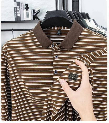 Men's Striped Long Sleeved T-shirt Polo Shirt Button Up Men's Stand Up Collar, Winter Double-sided German Velvet Base Shirt
